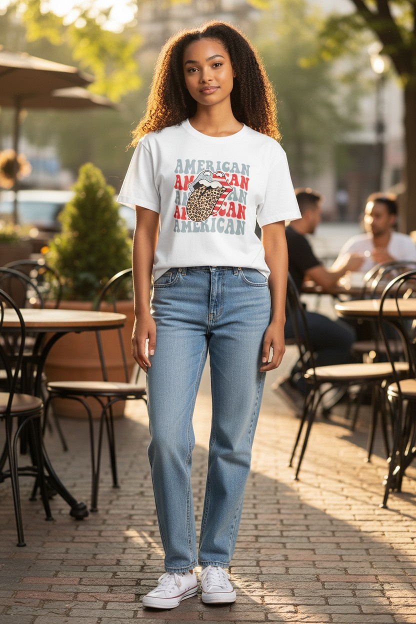 American T-shirt with Lips and Cheetah Print tongue
